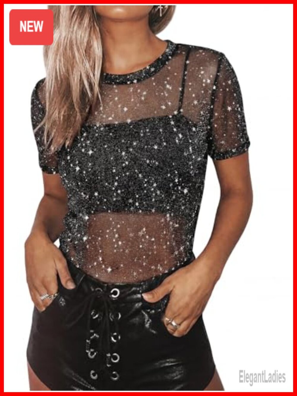 Women's Sheer Mesh Glitter See Through Top Concert Party Short Sleeve